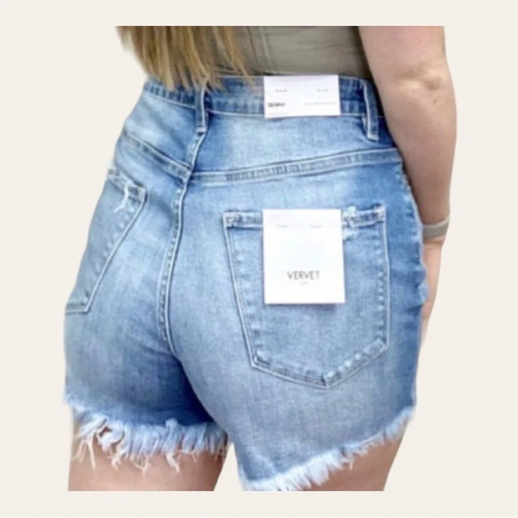 1352.โ VERVET DENIM SHORTS HIGH RISE FRAYED HEMS SIZE XSMALL - Picture 2 of 10